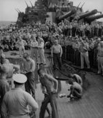 Public humiliation of Japanese prisoners of war aboard USS New Jersey, Dec 1944, photo 5 of 6