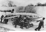 V-1 flying bomb being transported via a cart, circa 1944-1945