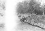 Men and pack mules of US 5332nd Brigade (Provisional) at a river crossing, northern Burma, circa 31 Dec 1944