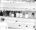 President Franklin Roosevelt (striped tie) with Eleanor Roosevelt (far left) and King George VI and Queen Elizabeth of the United Kingdom (between the Roosevelts) aboard the yacht Potomac, Washington, DC, 9 Jun 1939