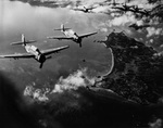Six TBM-3 Avengers of Torpedo Squadron 6 flying from the carrier Hancock during a raid on Amami-O-Shima in the Okinawa Campaign, 4 Apr 1945.