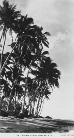 Postcard featuring view of beach, Ovalau, Fiji, 1940s