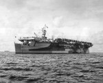 Independence-class carrier USS Monterey at anchor at Eniwetok, Marshall Islands, 6 Sep 1944. Her paint scheme is Measure 33, Design 3d. Photo 1 of 2.