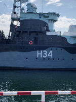 Superstructure of ORP Blyskawica, showing the emblem of the Virtuti Military medal for valor, Gdynia, Poland, 15 Jun 2019