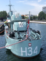 Stern of ORP Blyskawica, showing main batteries, mines, and depth charge rack, Gdynia, Poland, 15 Jun 2019, photo 1 of 2