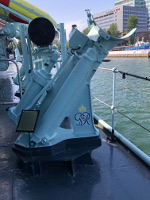 Side mounted depth charge launcher, ORP Blyskawica, Gdynia, Poland, 15 Jun 2019; it was refitted during the Soviet era, but the King George VI initials from 1942 remained