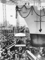 Launching ceremony of Seydlitz, Deschimag shipyard, Bremen, Germany, 19 Jan 1939