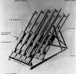 Diagram of the Mousetrap system with two tiers of rocket rails, circa 1942. Note the word “Deflectors” is partially cropped off the bottom of the image.