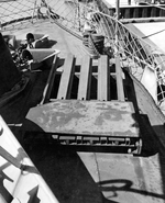 Mousetrap Anti-Submarine rocket system being installed on United States Navy sub chaser SC-274 for testing, Key West, Florida, United States, 26 Sep 1942. Photo 1 of 7.
