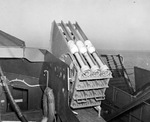 Mousetrap anti-submarine rocket launchers aboard a United States Navy Landing Craft Support boat, 20 Jan 1943, location unknown.