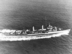 Gleaves-class destroyer USS Turner steaming in the Atlantic, 6 Sep 1943. Note torpedo tubes between the stacks and three sets of Mousetrap anti-submarine rocket rails on the foredeck.