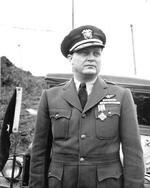 Commodore Leslie Gehres, commander of Fleet Air Wing Four, posing after being awarded the Distinguished Flying Cross, Adak, Alaska, mid-1944.