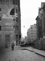 ISU-152 self-propelled gun at the intersection of Fecske Street and Déri Miksa Street, Budapest, Hungary, 30 Oct 1956, photo 2 of 7