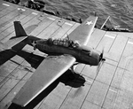 Note the broad wings of the TBF Avenger, the largest US carrier plane of WWII, as it makes its take-off run down the flight deck of the Light Carrier USS Independence, Caribbean Sea, 1 May 1943.