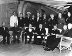 President Franklin Roosevelt and his dinner guests aboard the cruiser USS Augusta at the Atlantic Conference, Placentia Bay, Newfoundland, 9 Aug 1941.