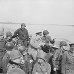 Field Marshal Bernard Montgomery and British Prime Minister Winston Churchill and other high-ranking officers crossing the Rhine south of Wesel in an LCVP, 25 Mar 1945. Note Churchill talking with the coxswain.