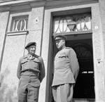 British Field Marshal Bernard Montgomery, left, and Soviet General Konstantin Rokossovsky, right, during a visit to Rokossovsky’s headquarters in Wismar, Germany, 7 May 1945.