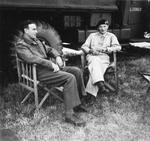 Lord Louis Mountbatten visiting General Bernard Montgomery at Montgomery’s mobile headquarters in Blay, Normandy, France, 18 Aug 1944.