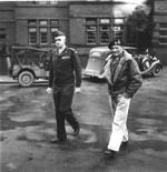 General Omar Bradley and Field Marshal Bernard Montgomery arriving at a command conference, 8 Dec 1944. Note Jeep and Humber staff car.