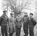Generals Miles Dempsey, Courtney Hodges, Bernard Montgomery, William Simpson, and Henry (Harry) Crerar during a field conference, 31 Dec 1944.