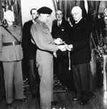 Field Marshal Bernard Montgomery being presented with an historic Belgian sword by Belgian aristocrats in recognition of Montgomery’s liberation of their country, Brussels, Belgium, 6 Nov 1944.