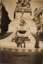 US Army bomb disposal personnel at a monument, France, May 1945