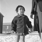 Young Japanese-American Sachi Ohira of El Monte, California walking with her mother at the Heart Mountain Relocation Camp in Wyoming, United States, 5 Apr 1943.