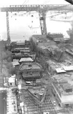 Ships under construction at Deutsche Werft shipyard, Hamburg, Germany, date unknown