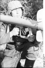 A German non-commissioned officer with a Panzerschreck weapon, France or Belgium, Jun 1944