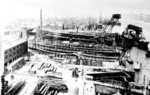 View of activity in both slips of Reiherstiegwerft yard, Hamburg, Germany, 1917