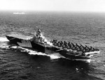 USS Bennington steaming south across the Caribbean on her way to Trinidad on her shakedown cruise, 20 Oct 1944. Note the Measure 33, Design 17 paint scheme.