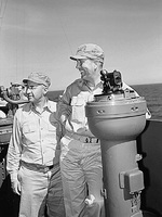 Captain J.J. Clark and Rear Admiral Arthur Radford on the bridge of the USS Yorktown (Essex-class), Oct 1943.