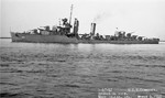 Broadside view of destroyer USS Cummings off Mare Island Naval Shipyard, 4 Mar 1942.
