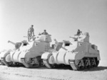 Side-by-side view of the two variants of the M3 tank. The Grant on the left with the British wider turret while the Lee on the right has the smaller American turret. El Alamein, Egypt, 7 Jul 1942.