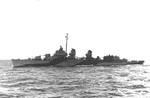 Broadside view of destroyer USS Hoel in her Measure 21, Design 1D paint scheme as seen from the carrier USS Kwajalein, 10 Aug 1944 off Tarawa in the Gilbert Islands.