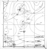 Chart created aboard the USS Hornet (Essex-class) showing the state of the weather in the Philippine Sea at 1500/I on 4 Jun 1945 and showing Typhoon Connie’s track between 1 and 6 Jun 1945.