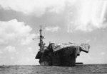 Escort carrier USS Windham Bay with a collapsed flight deck from Typhoon Connie five days earlier. Photo taken at Apra Harbor, Guam, 10 Jun 1945.