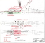United States Navy diagram of the damage inflicted upon Fletcher-class destroyer USS Abner Read following a special attack by a Japanese airplane in Leyte Gulf, Philippines on 1 Nov 1944 that sank the ship.