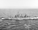 Freshly repaired and repainted USS Nashville on a full-power test run in Puget Sound, Washington, United States, 25 Mar 1945. Note the signal flag indicating there is a harbor pilot on board.