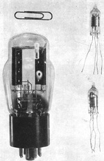 Photo showing the compactness of the tubes manufactured especially for the VT proximity fuze (right) as contrasted with the conventional radio tube (left).