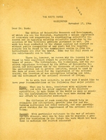 Letter from Franklin Roosevelt to Vannevar Bush asking him to address four points for postwar scientific development, 17 Nov 1944. Page 1 of 2.