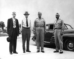 Vannevar Bush, James B. Conant, Major General Leslie Groves and Colonel Franklin Matthias visiting the Hanford site for production of plutonium-239, Jul 1945, Benton County, Washington, United States.