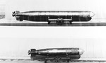 United States Navy photograph showing the size comparison between the Mark XIV submarine torpedo (top) and the Mark XIII aerial torpedo.