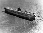 USS Ranger with her rails manned, 1940.