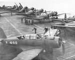 Flight operations on the USS Ranger, 19 Nov 1941. Note the SB2U Vindicator dive bombers and one F4F Wildcat fighter.