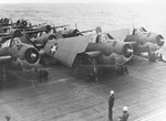 TBF-1 Avengers and SBD Dauntless bombers running up their engines aboard USS Ranger off West Africa during Operation Torch, Nov 1942. Note one F4F Wildcat without its engine running.