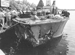 80-foot Elco patrol boat PT-546 of Motor Patrol Boat Squadron 28 at Barahun Island, Green Islands, 31 May 1944 with extensive bow damage after a nighttime collision with PT-550 off New Ireland.