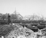 Technical Sergeant James Flaha of US 97th Infantry Division band at a funeral for former Flossenbürg Concentration Camp prisoners who had died after liberation shortly after liberation, Germany, 3 May 1945
