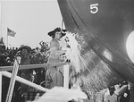 Sponsor of Liberty-ship Booker T Washington, celebrated operatic contralto Marian Anderson at the launching ceremonies at CalShip, Los Angeles, California, United States, 29 Sep 1942. Photo 2 of 2.