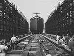Liberty-ship Booker T Washington sliding down the ways at CalShip, Los Angeles, California, United States, 29 Sep 1942.